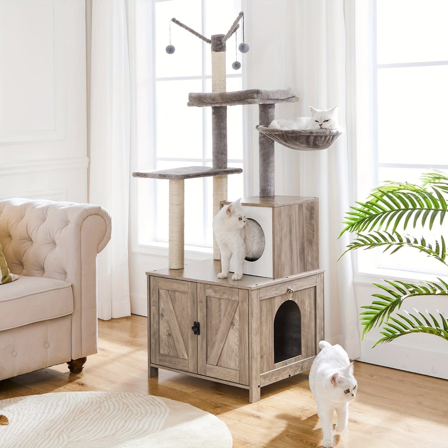 Arbre à chat 2 - en - 1 150 cm – Poteaux griffoirs & meuble cache - litière - One PETS - TOP