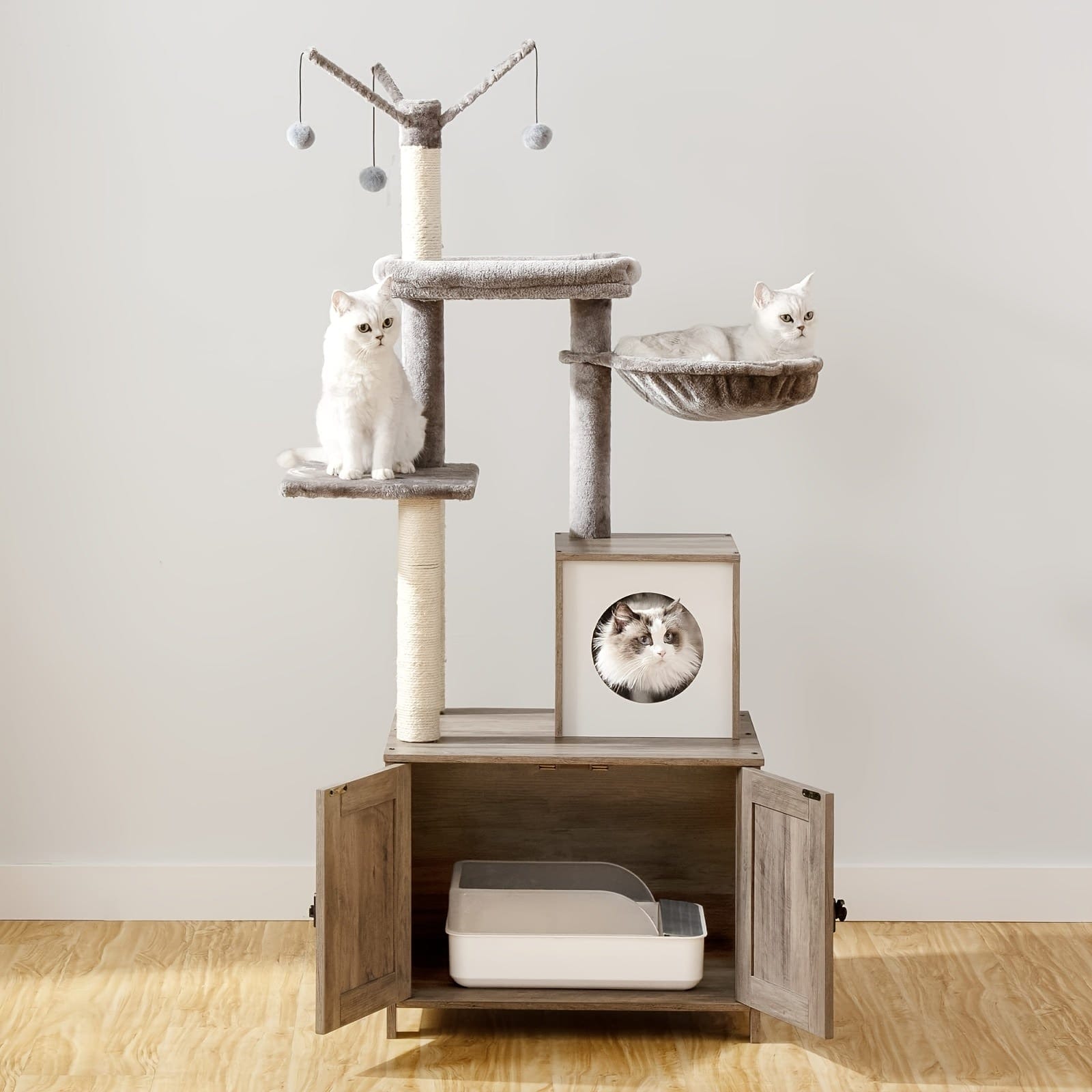 Arbre à chat 2 - en - 1 150 cm – Poteaux griffoirs & meuble cache - litière - One PETS - TOP