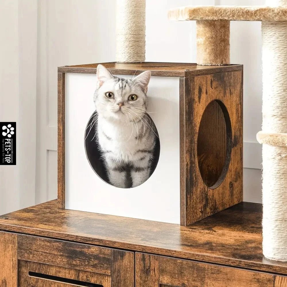 Arbre à chat 2 - en - 1 avec cache - litière – Tour multifonction 132 cm - One PETS - TOP