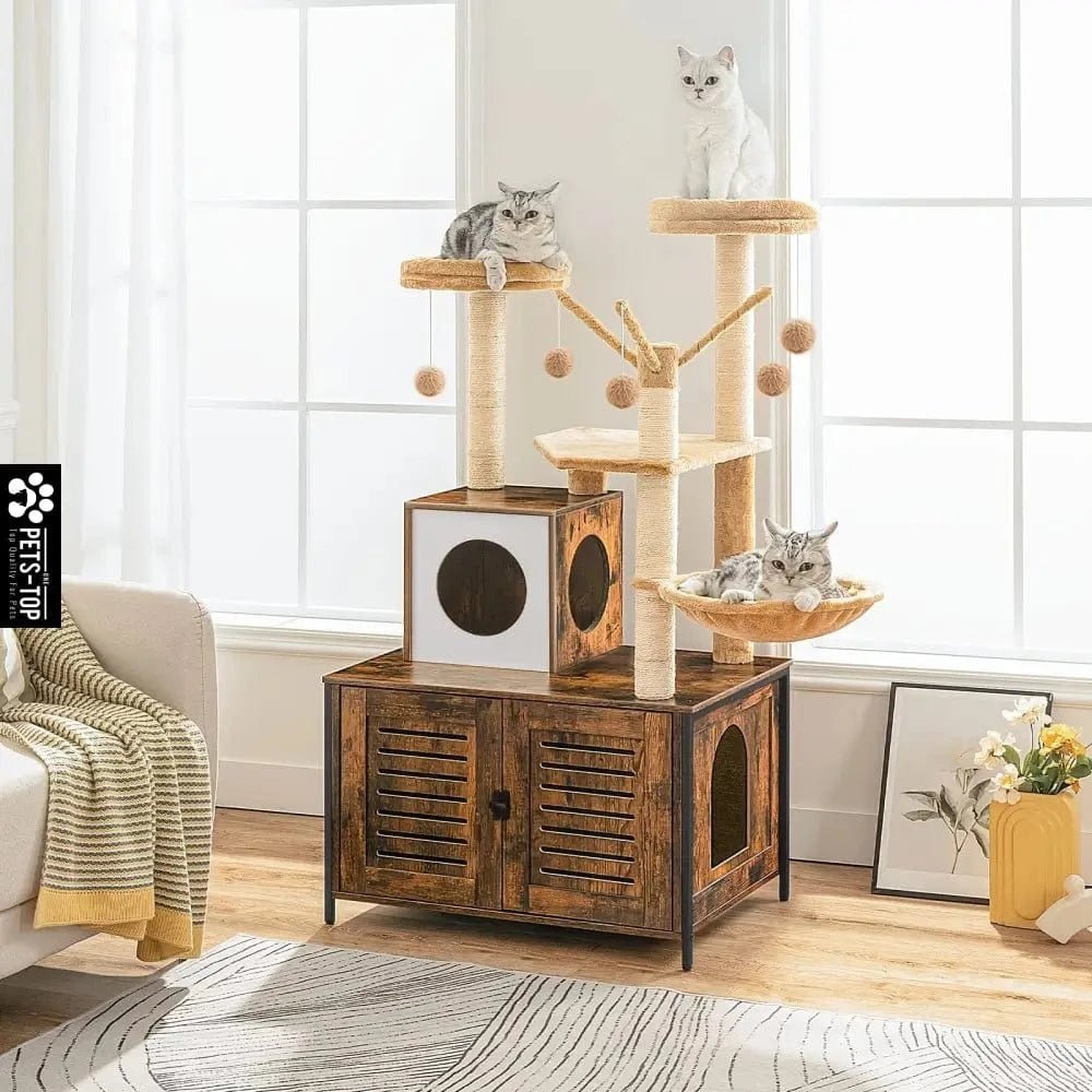 Arbre à chat 2 - en - 1 avec cache - litière – Tour multifonction 132 cm - One PETS - TOP