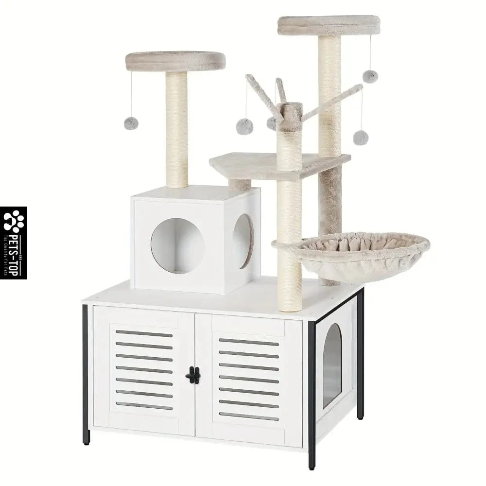 Arbre à chat 2-en-1 avec cache-litière – Tour multifonction 132 cm Blanc One PETS-TOP