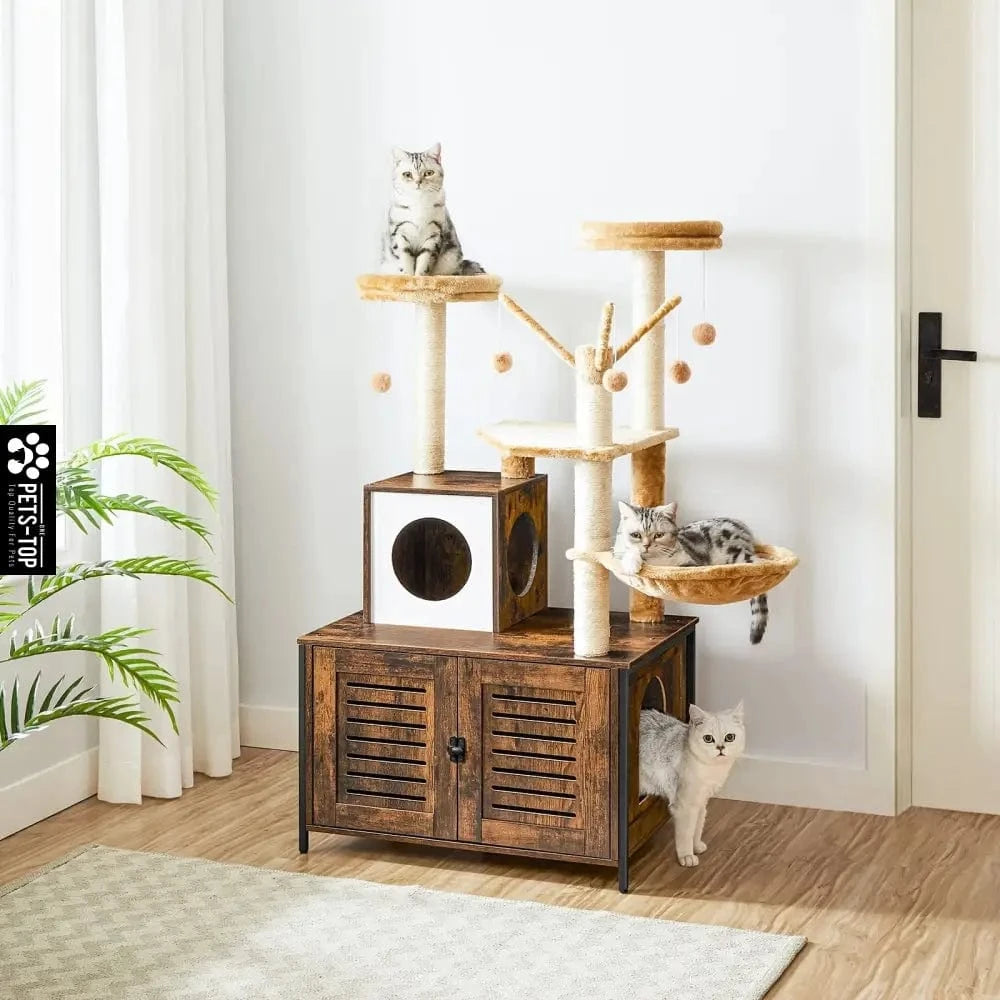 Arbre à chat 2-en-1 avec cache-litière – Tour multifonction 132 cm One PETS-TOP