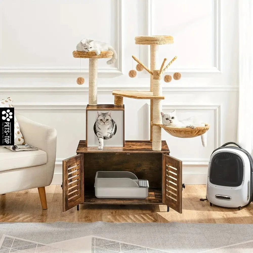 Arbre à chat 2-en-1 avec cache-litière – Tour multifonction 132 cm One PETS-TOP