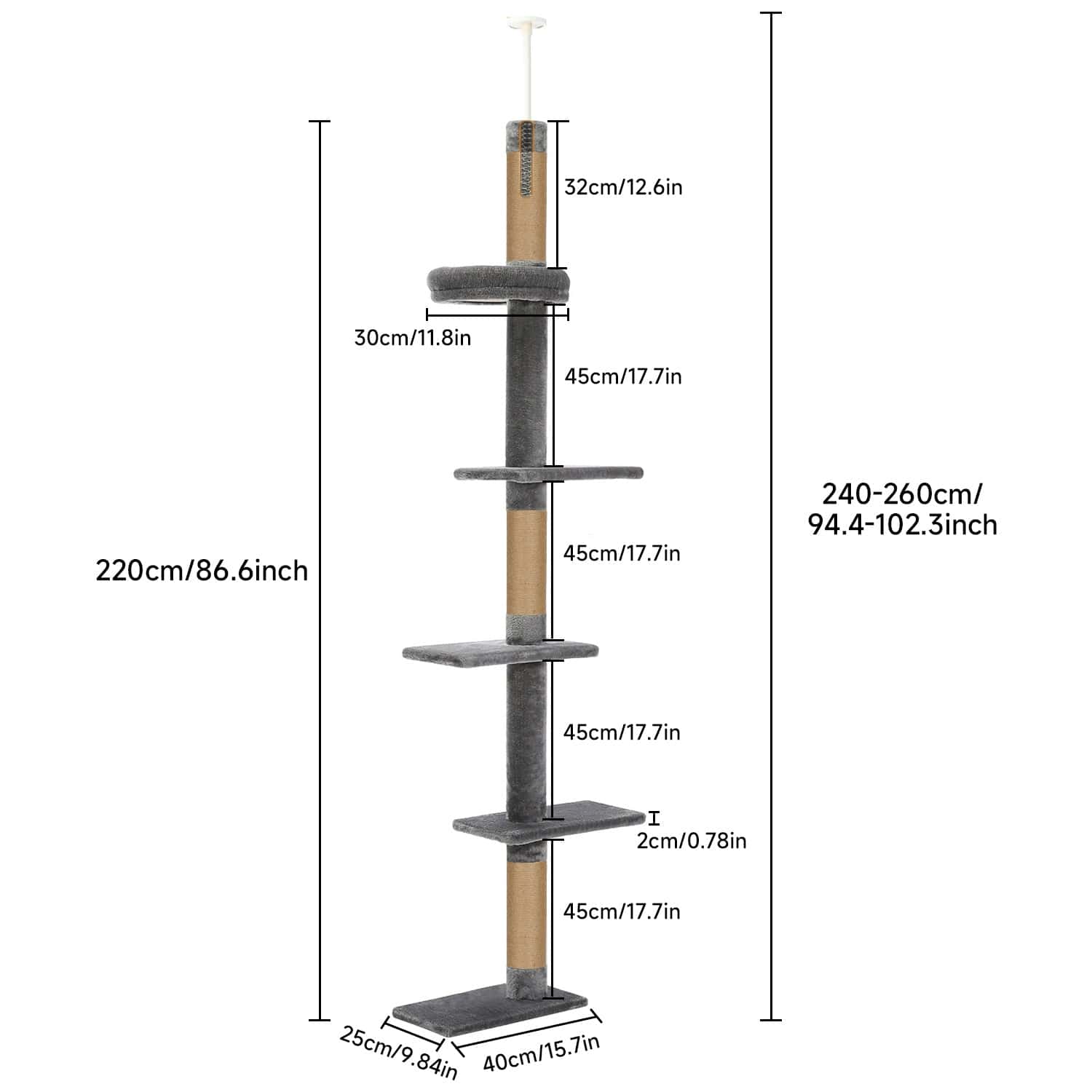 Arbre à chat 5 niveaux réglable – Tour XXL du sol au plafond 260 cm Gris One PETS-TOP