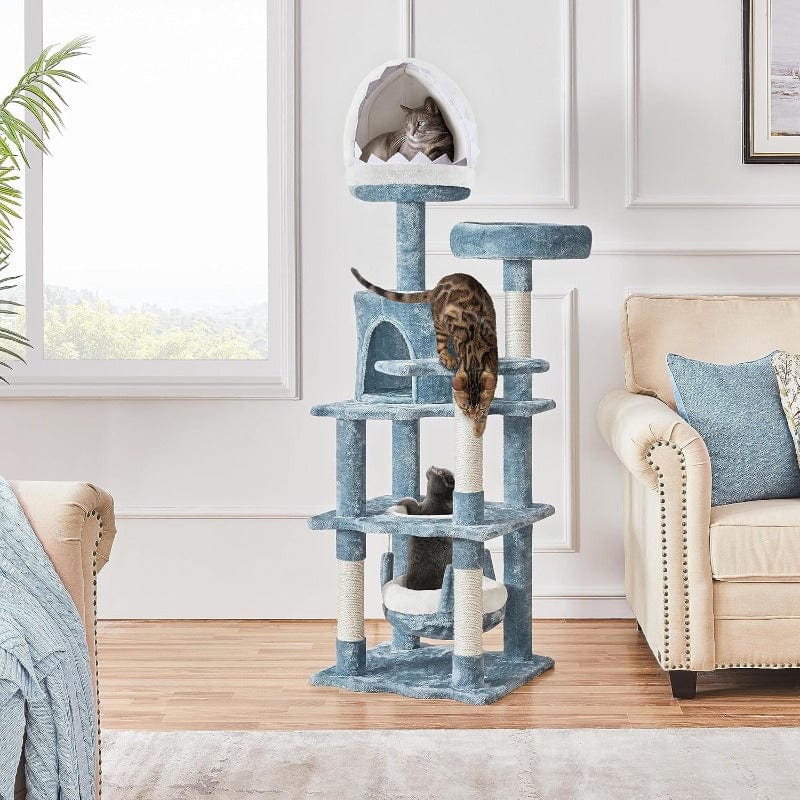 Arbre à chat marin 155 cm – Niche requin, hamac & poteaux sisal Bleu One PETS-TOP