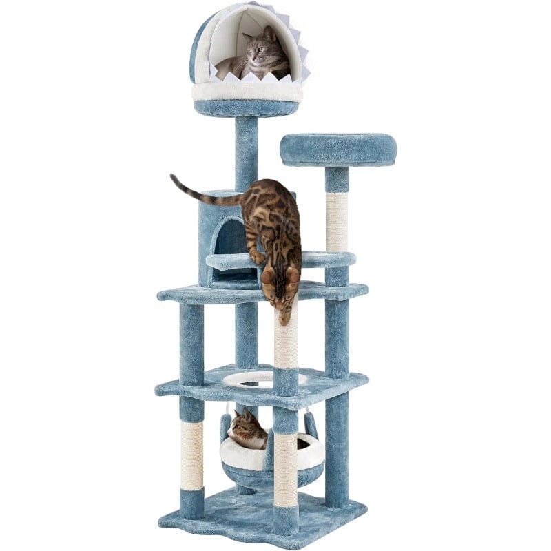 Arbre à chat marin 155 cm – Niche requin, hamac & poteaux sisal Bleu One PETS-TOP