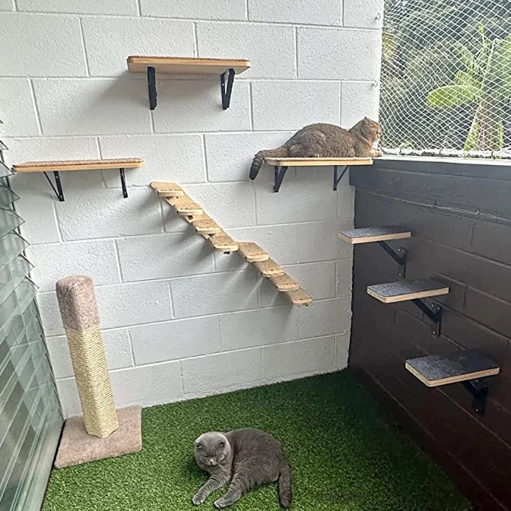 Arbre à chat mural – Étageres bois, griffoirs, hamac et perchoirs solides - One PETS - TOP
