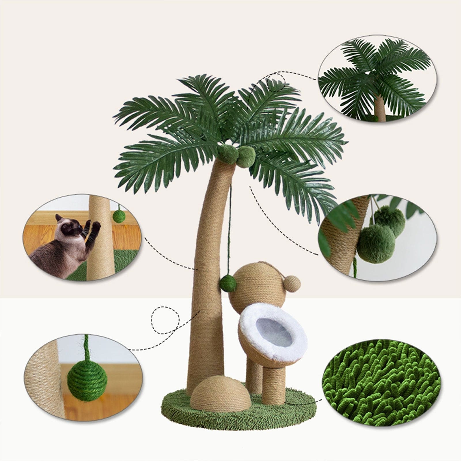 Arbre à chat palmier 82 cm – Poteau à gratter, jouets & nid douillet Palmier One PETS-TOP