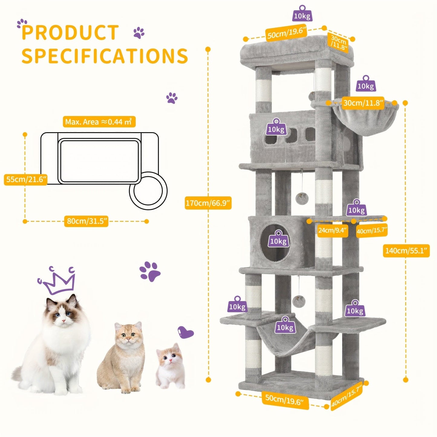 Arbre à chat XXL 170 cm – Tour multi - niveaux avec griffoirs & niches cosy - One PETS - TOP