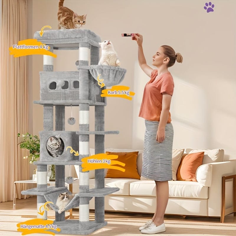 Arbre à chat XXL 170 cm – Tour multi - niveaux avec griffoirs & niches cosy - One PETS - TOP