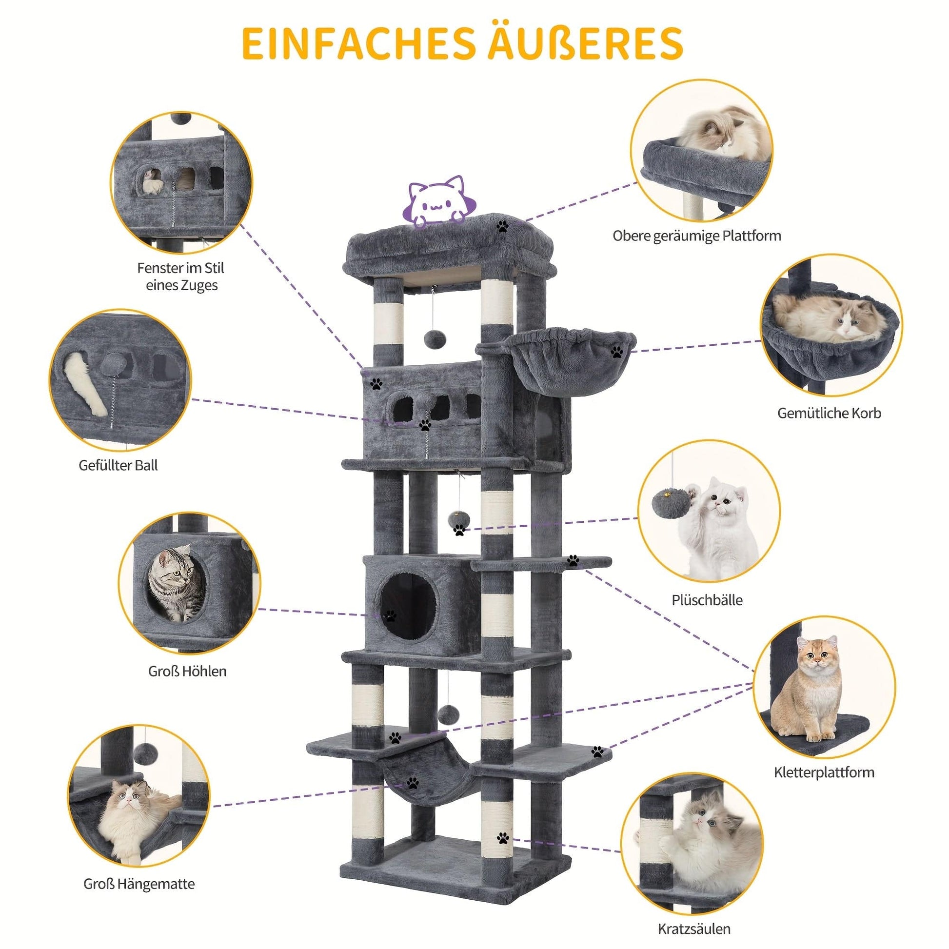 Arbre à chat XXL 170 cm – Tour multi-niveaux avec griffoirs & niches cosy One PETS-TOP