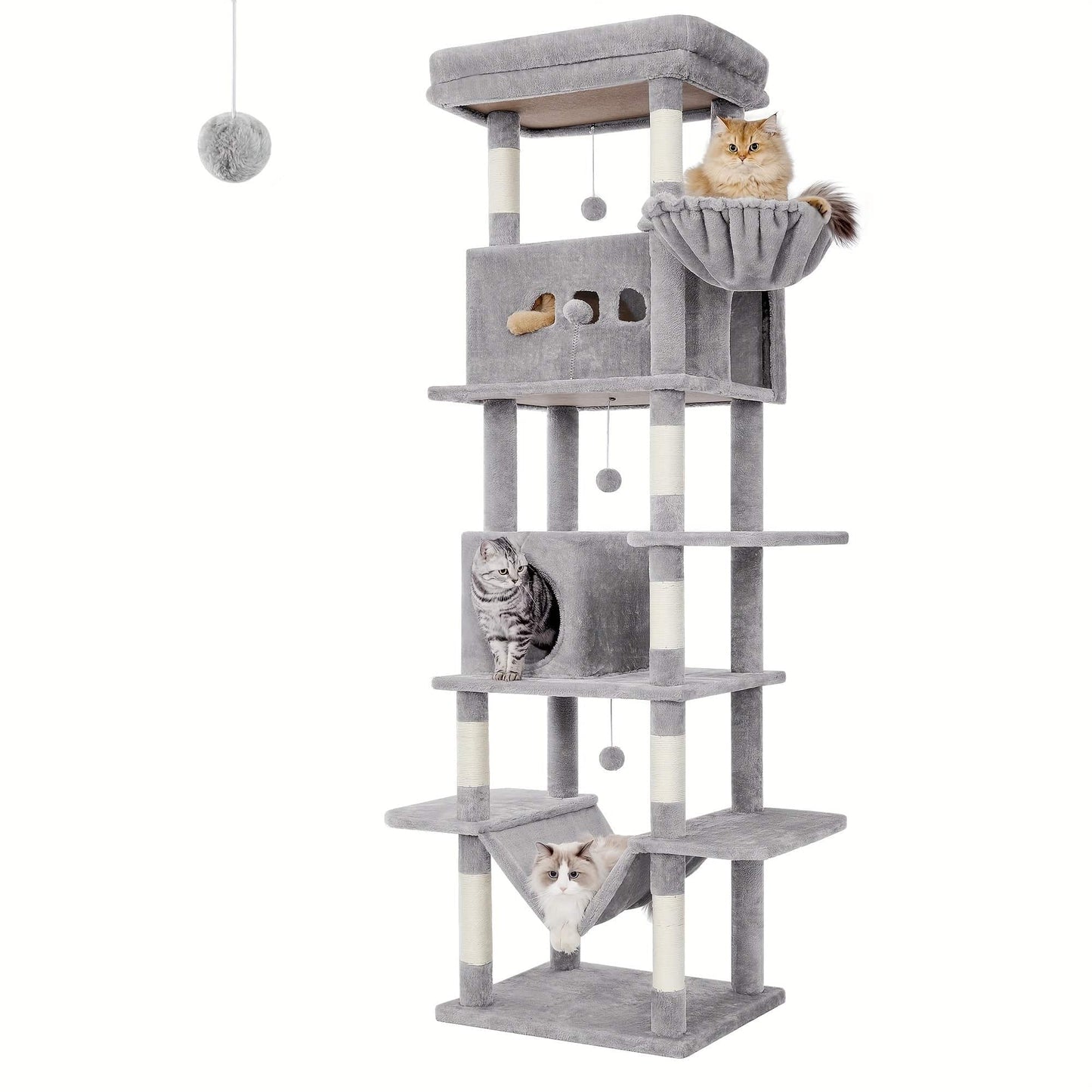 Arbre à chat XXL 170 cm – Tour multi-niveaux avec griffoirs & niches cosy Gris Clair One PETS-TOP