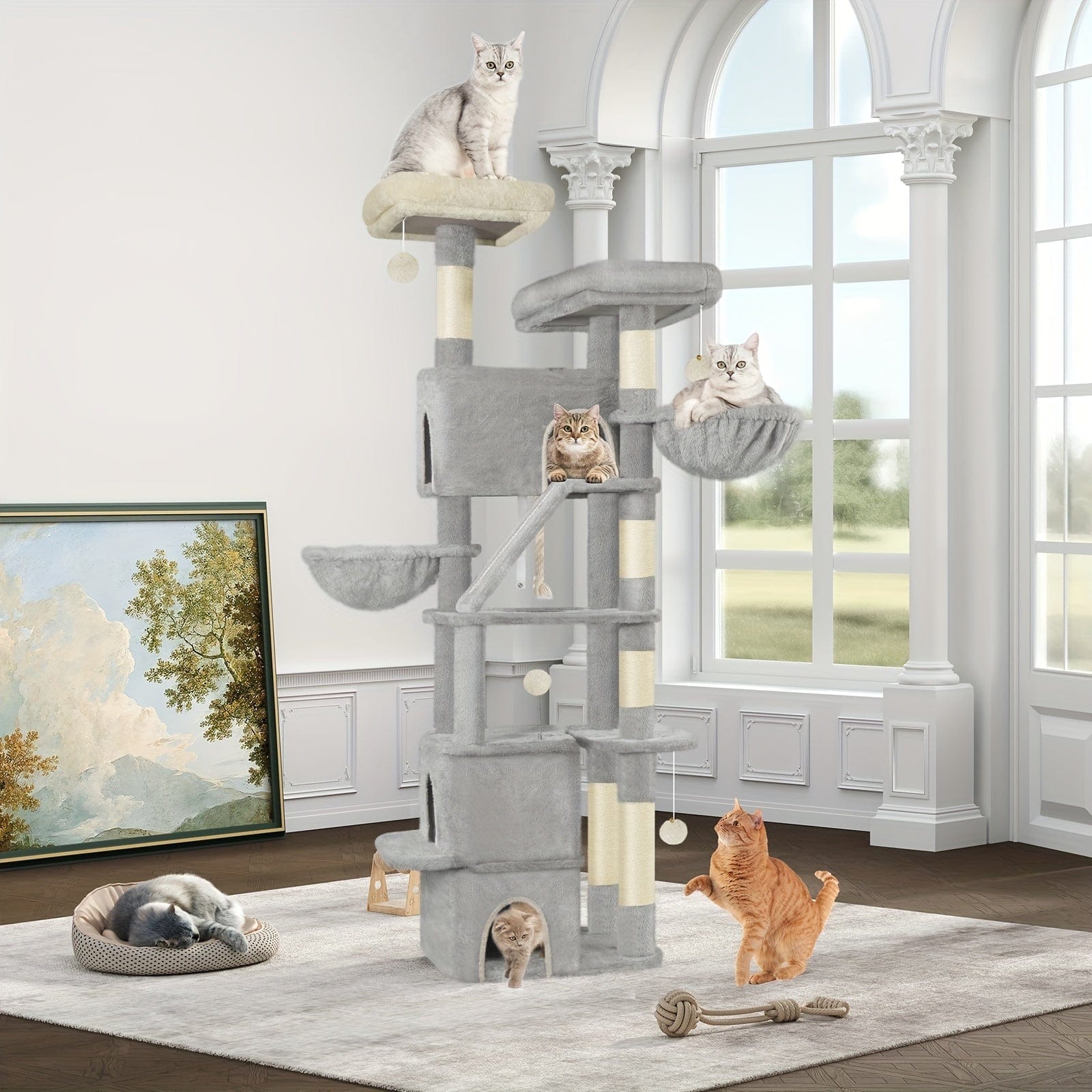 Arbre à chat XXL 185 cm – Multi - niveaux, 3 niches, hamacs & griffoirs - One PETS - TOP