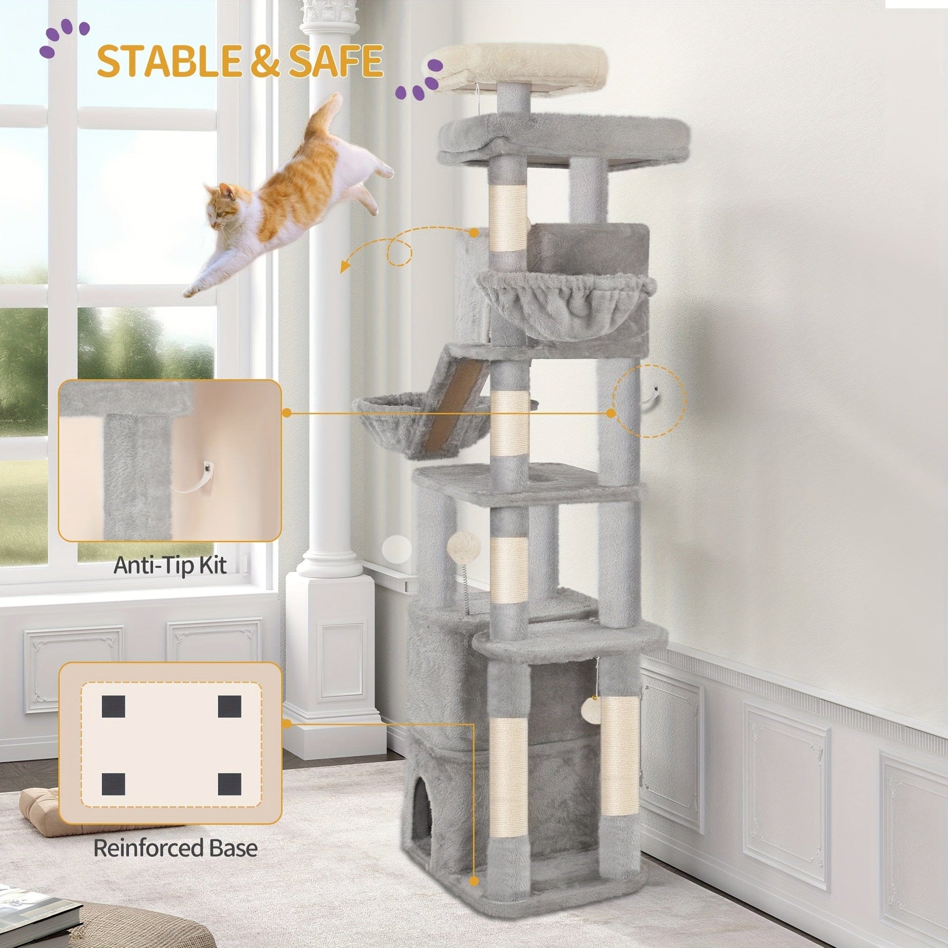 Arbre à chat XXL 185 cm – Multi - niveaux, 3 niches, hamacs & griffoirs - One PETS - TOP