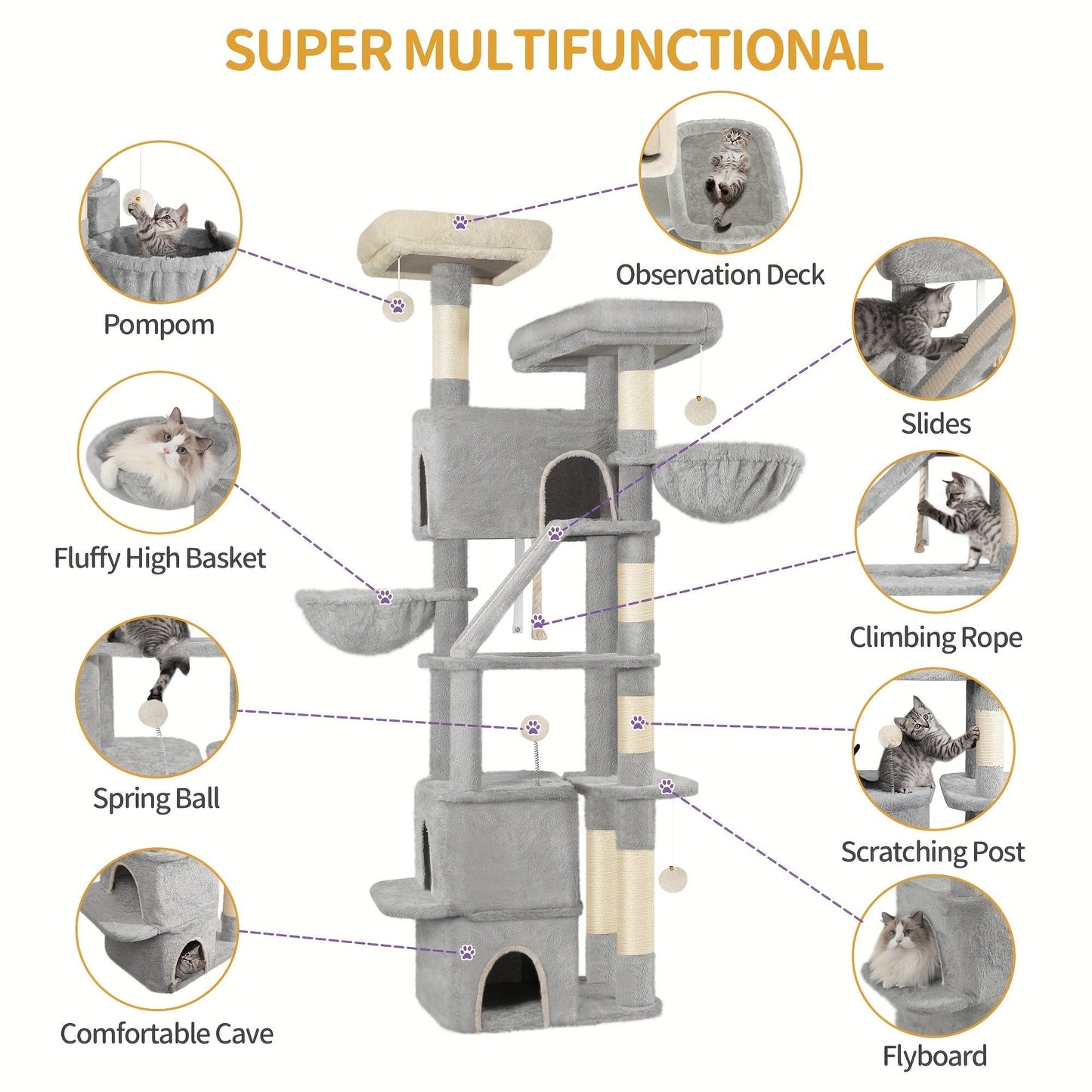Arbre à chat XXL 185 cm – Multi - niveaux, 3 niches, hamacs & griffoirs - One PETS - TOP