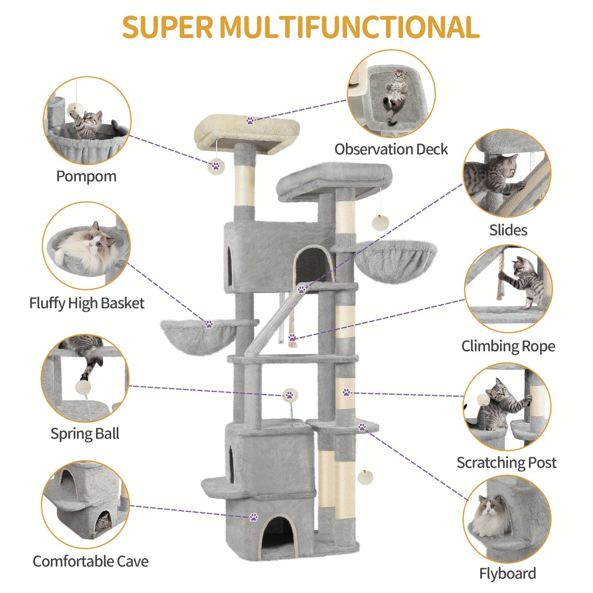 Arbre à chat XXL 185 cm – Multi - niveaux, 3 niches, hamacs & griffoirs - One PETS - TOP