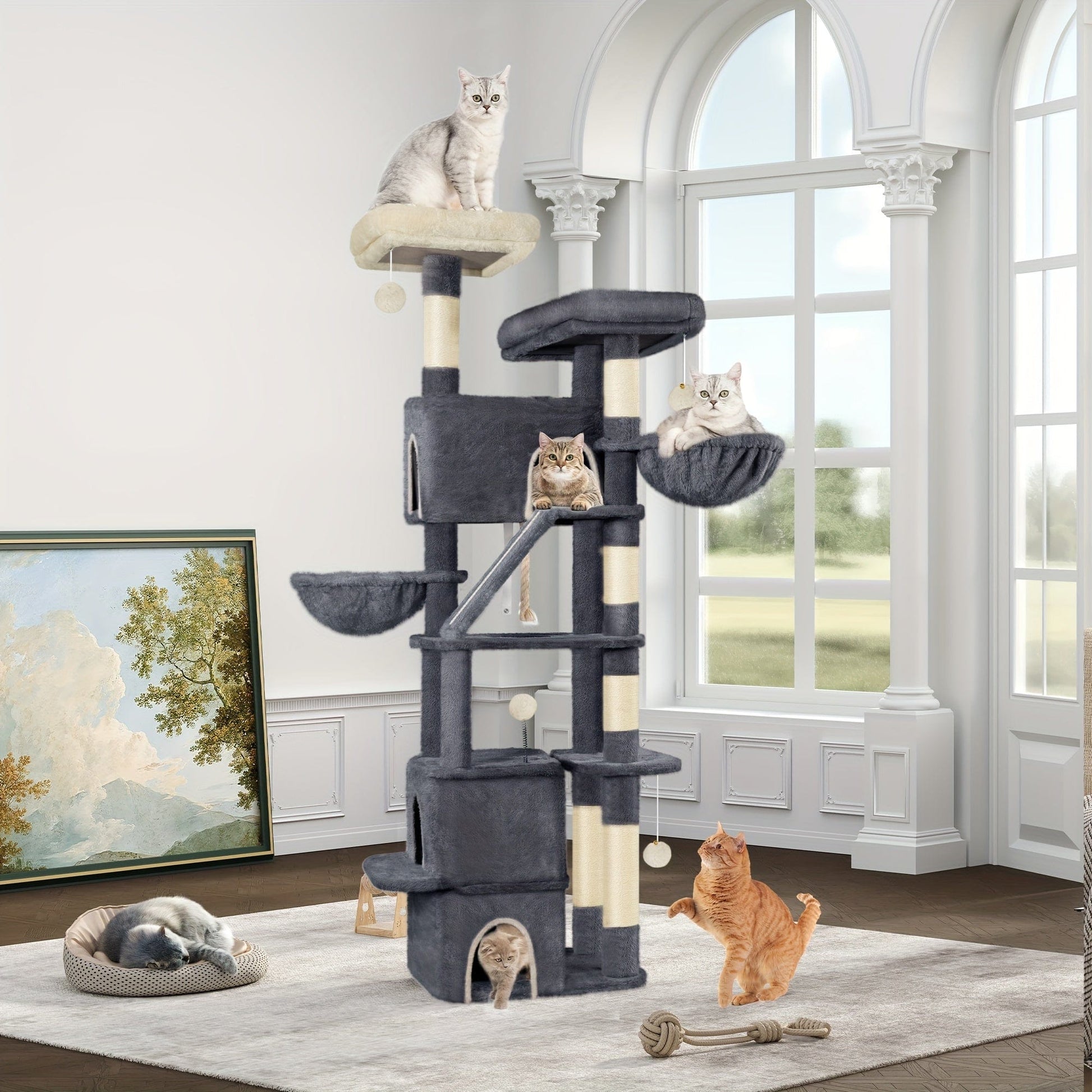 Arbre à chat XXL 185 cm – Multi-niveaux, 3 niches, hamacs & griffoirs One PETS-TOP