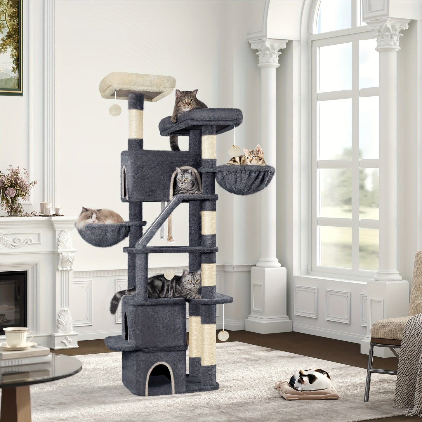 Arbre à chat XXL 185 cm – Multi-niveaux, 3 niches, hamacs & griffoirs One PETS-TOP