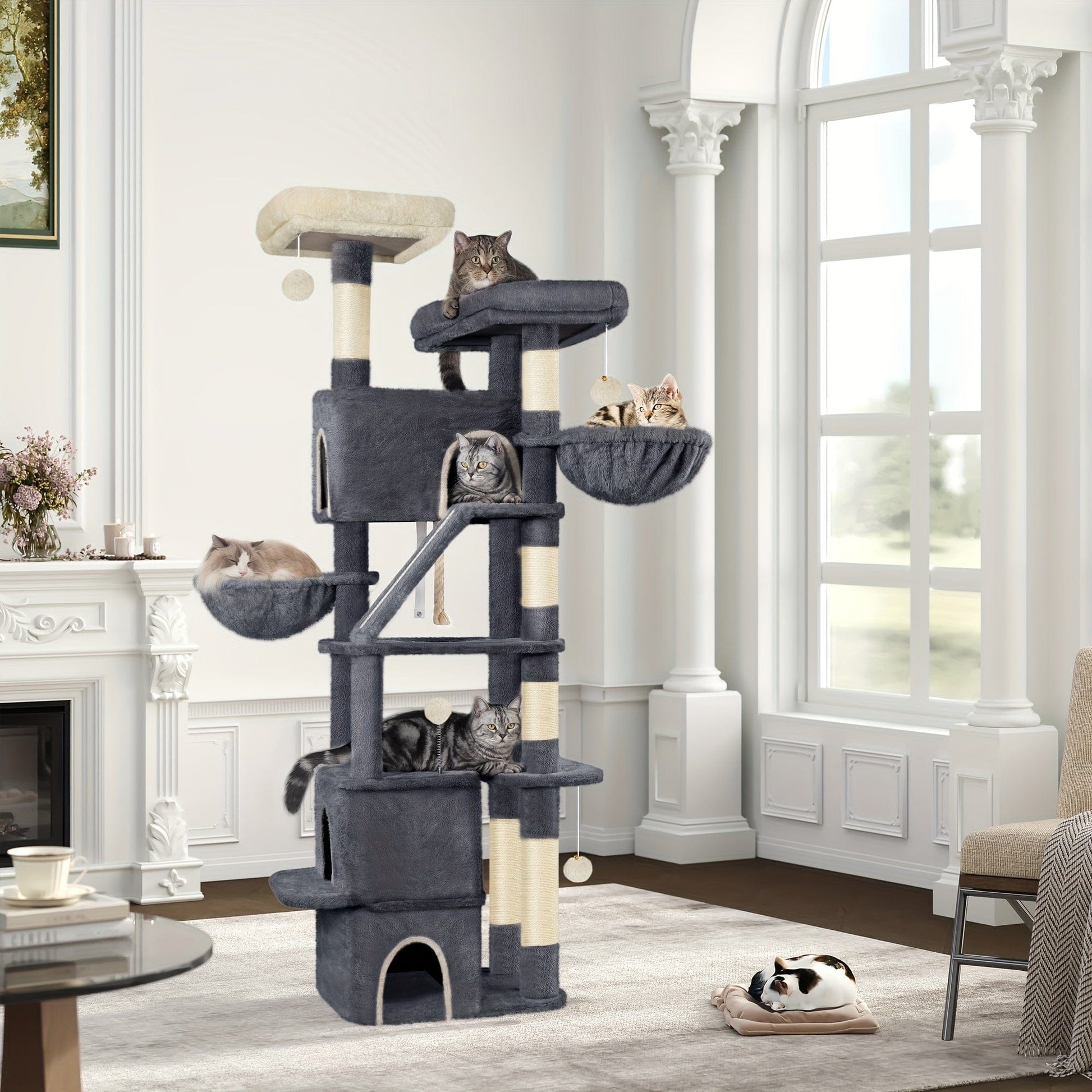 Arbre à chat XXL 185 cm – Multi-niveaux, 3 niches, hamacs & griffoirs One PETS-TOP