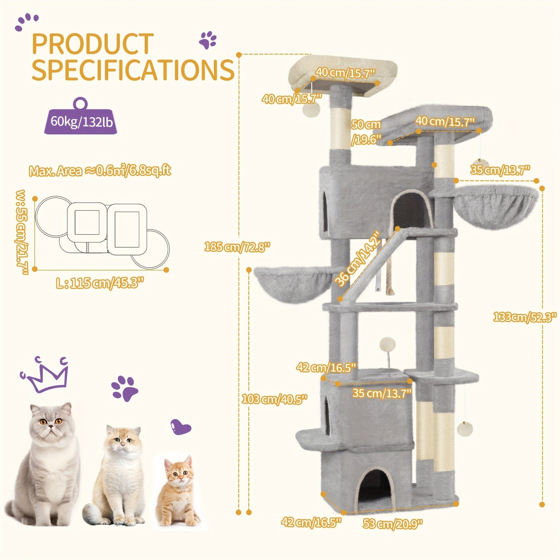 Arbre à chat XXL 185 cm – Multi-niveaux, 3 niches, hamacs & griffoirs One PETS-TOP