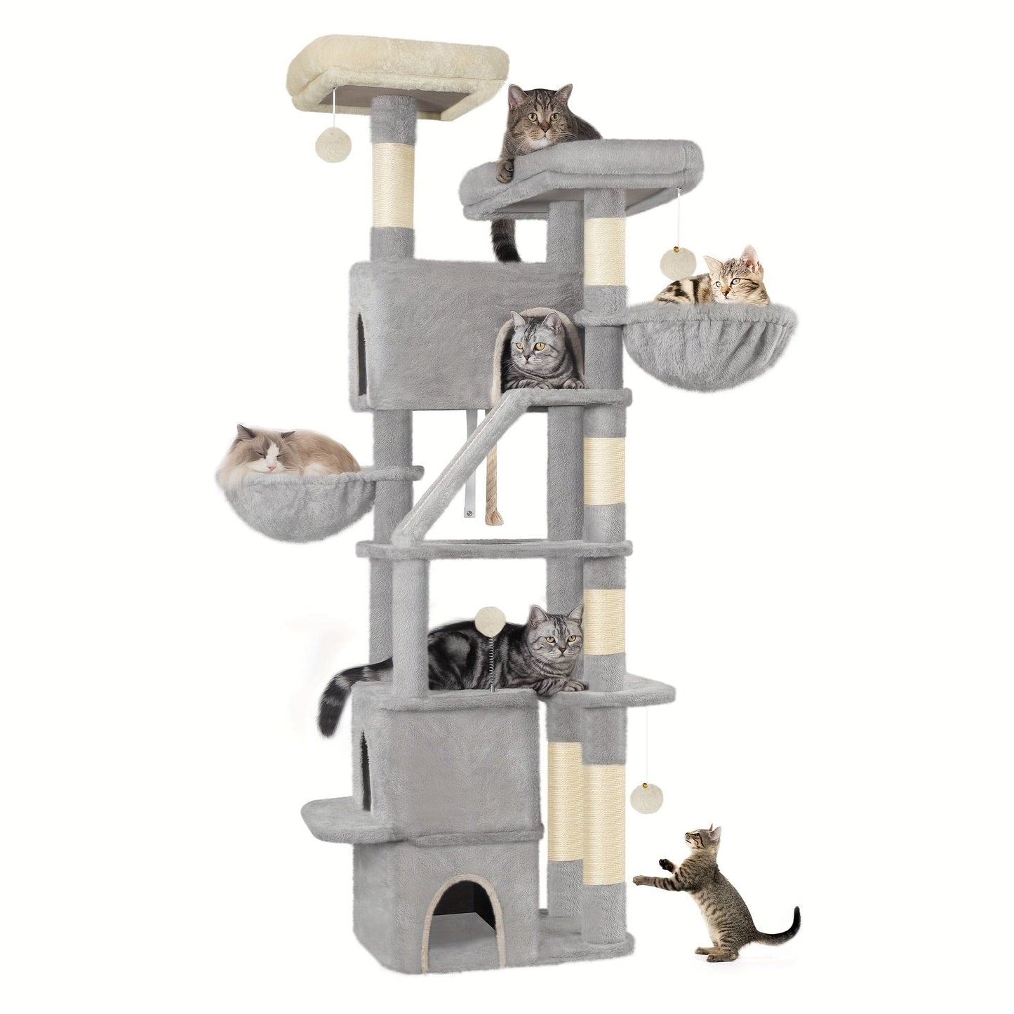 Arbre à chat XXL 185 cm – Multi-niveaux, 3 niches, hamacs & griffoirs Gris Clair One PETS-TOP