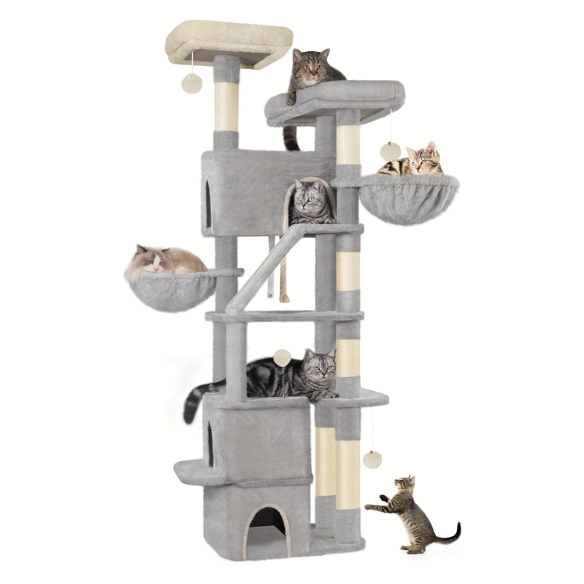 Arbre à chat XXL 185 cm – Multi-niveaux, 3 niches, hamacs & griffoirs Gris Clair One PETS-TOP