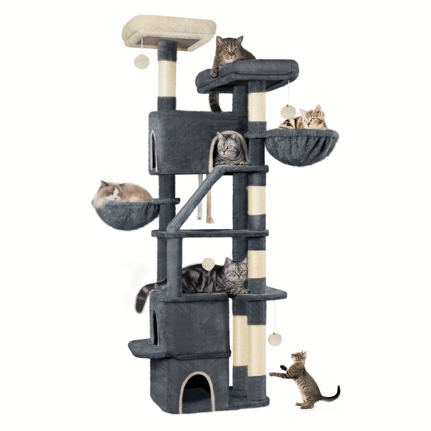 Arbre à chat XXL 185 cm – Multi-niveaux, 3 niches, hamacs & griffoirs Gris Foncé One PETS-TOP