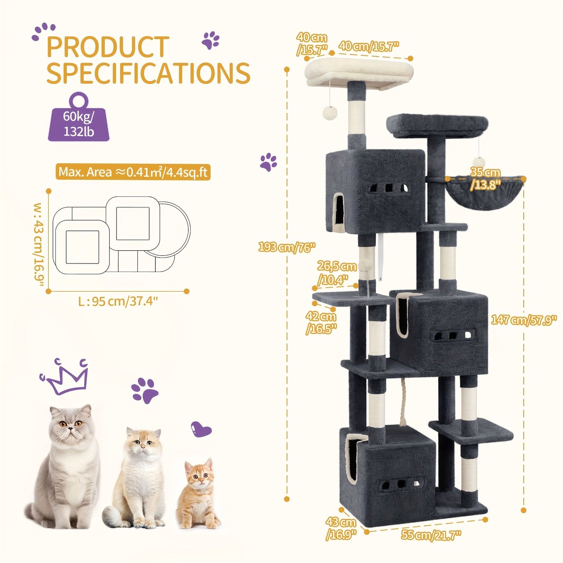 Arbre à chat XXL 193 cm – Multi - niveaux, 3 niches, hamac & griffoirs - One PETS - TOP