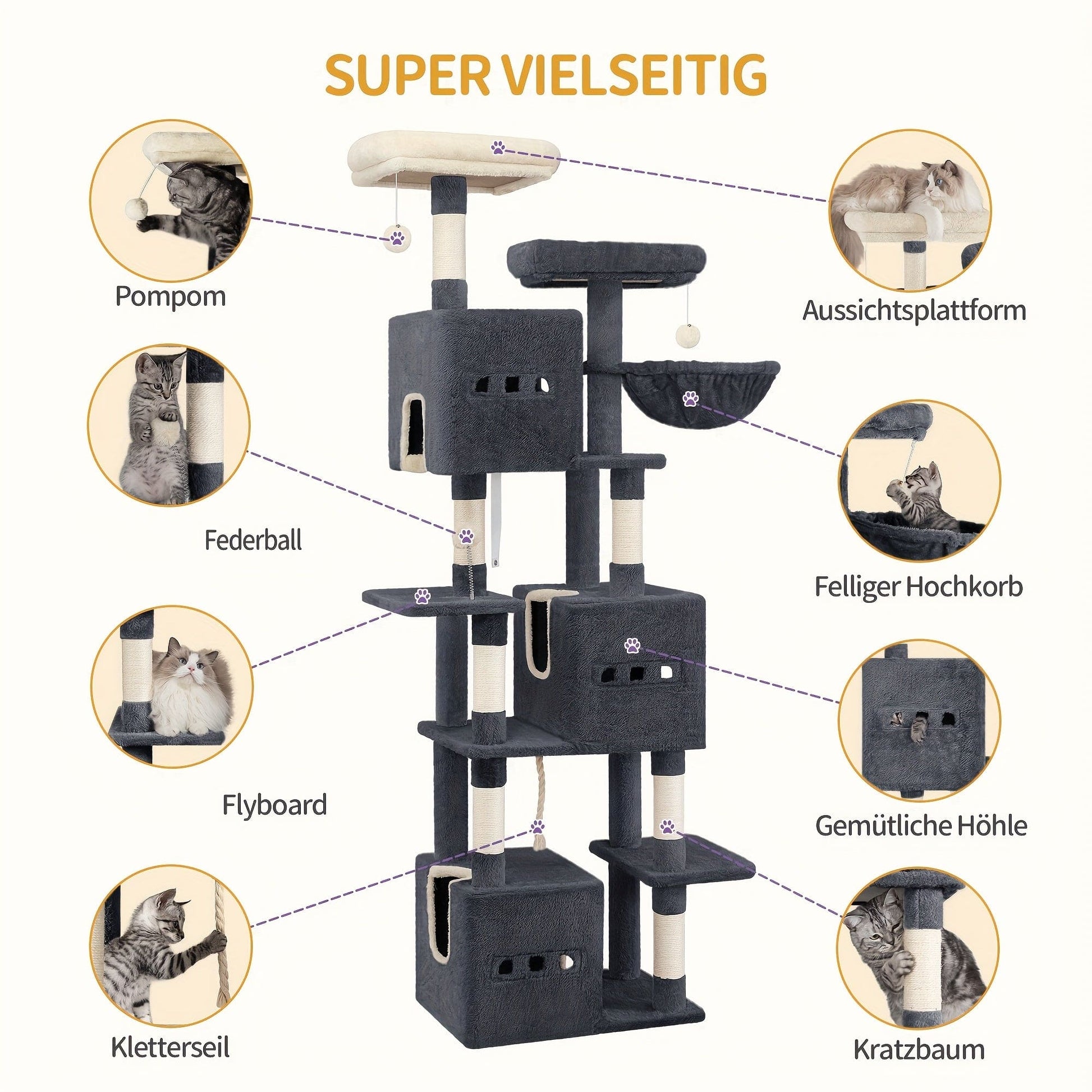 Arbre à chat XXL 193 cm – Multi - niveaux, 3 niches, hamac & griffoirs - One PETS - TOP