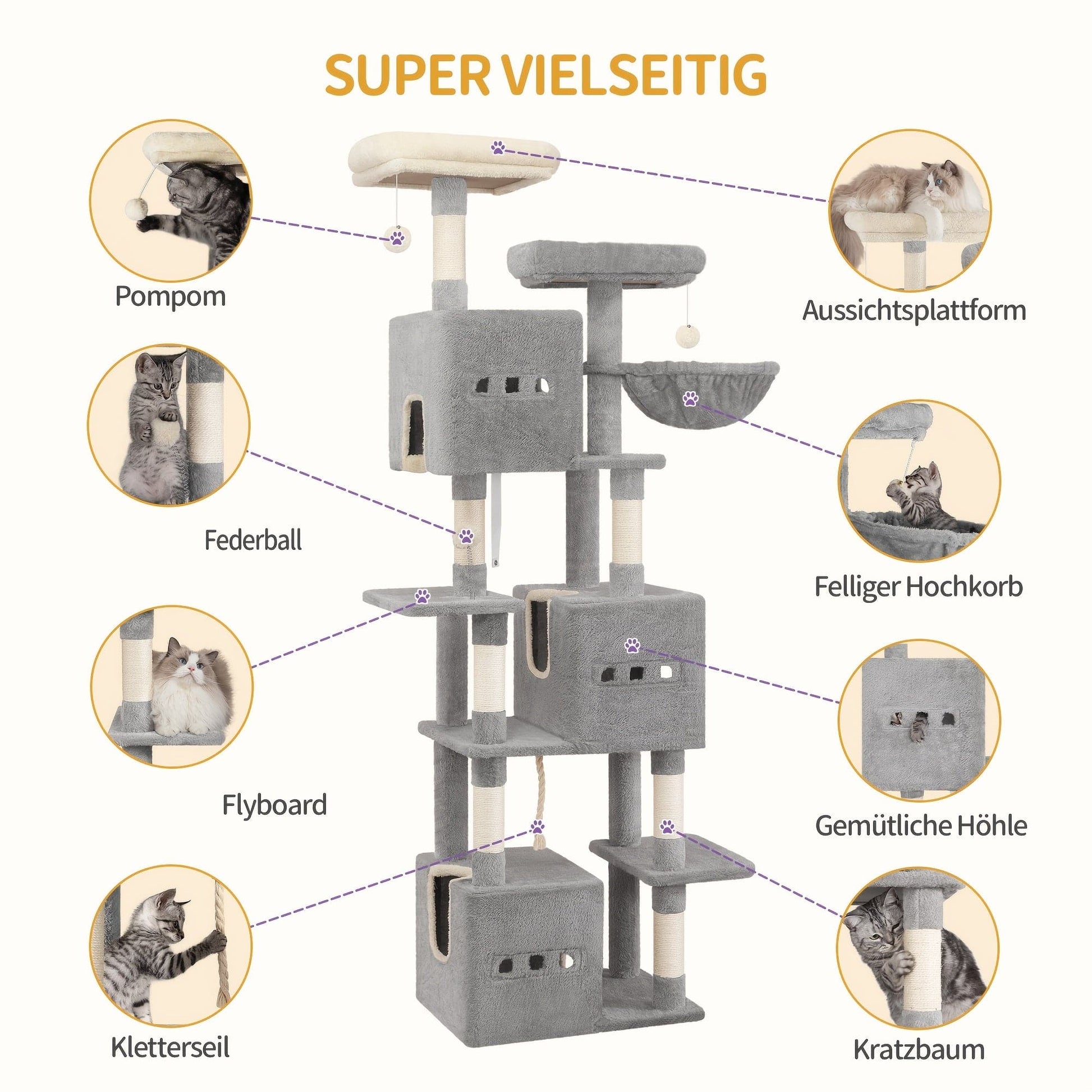 Arbre à chat XXL 193 cm – Multi - niveaux, 3 niches, hamac & griffoirs - One PETS - TOP