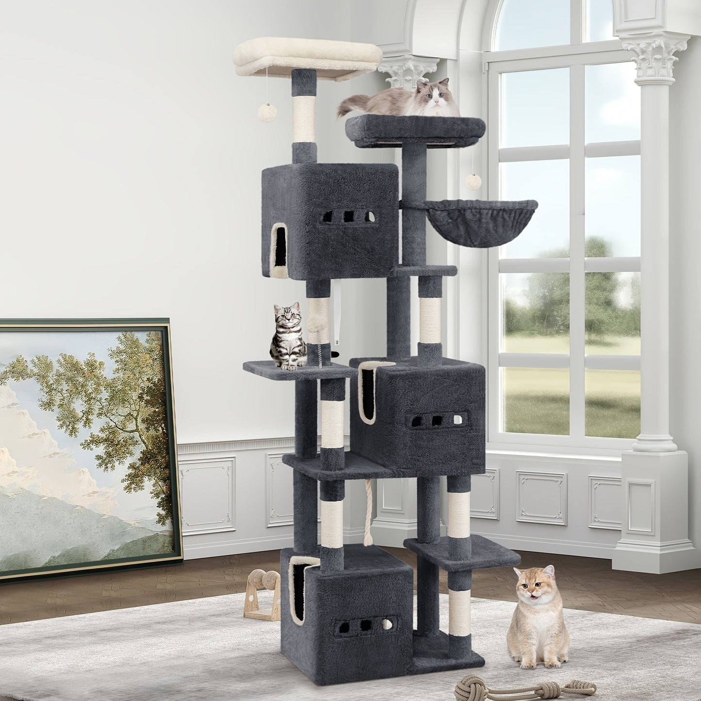 Arbre à chat XXL 193 cm – Multi - niveaux, 3 niches, hamac & griffoirs - One PETS - TOP