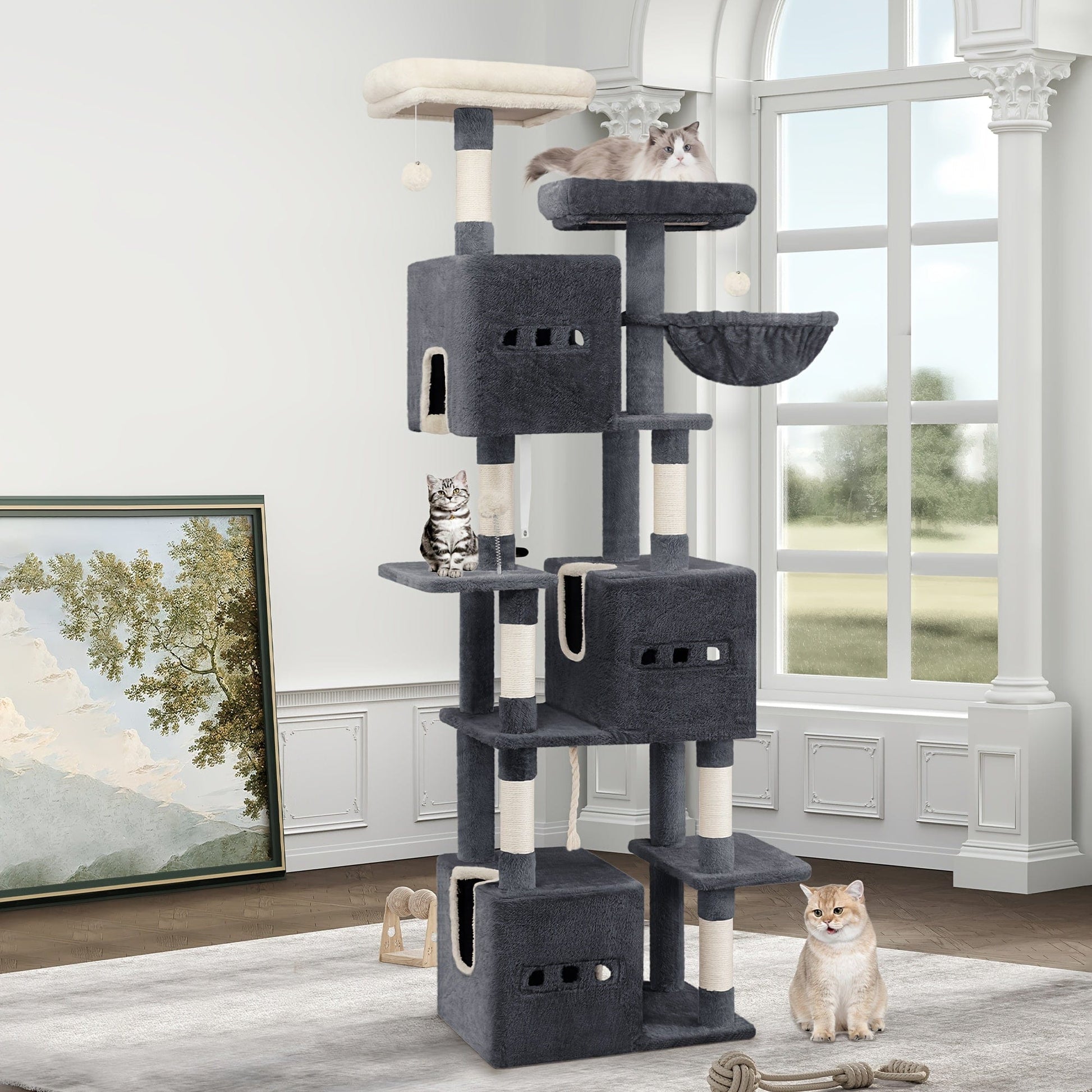Arbre à chat XXL 193 cm – Multi - niveaux, 3 niches, hamac & griffoirs - One PETS - TOP
