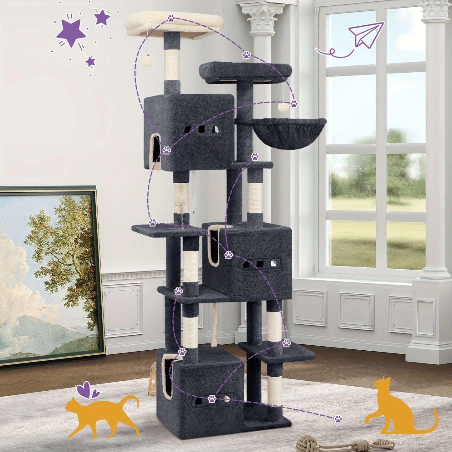 Arbre à chat XXL 193 cm – Multi - niveaux, 3 niches, hamac & griffoirs - One PETS - TOP