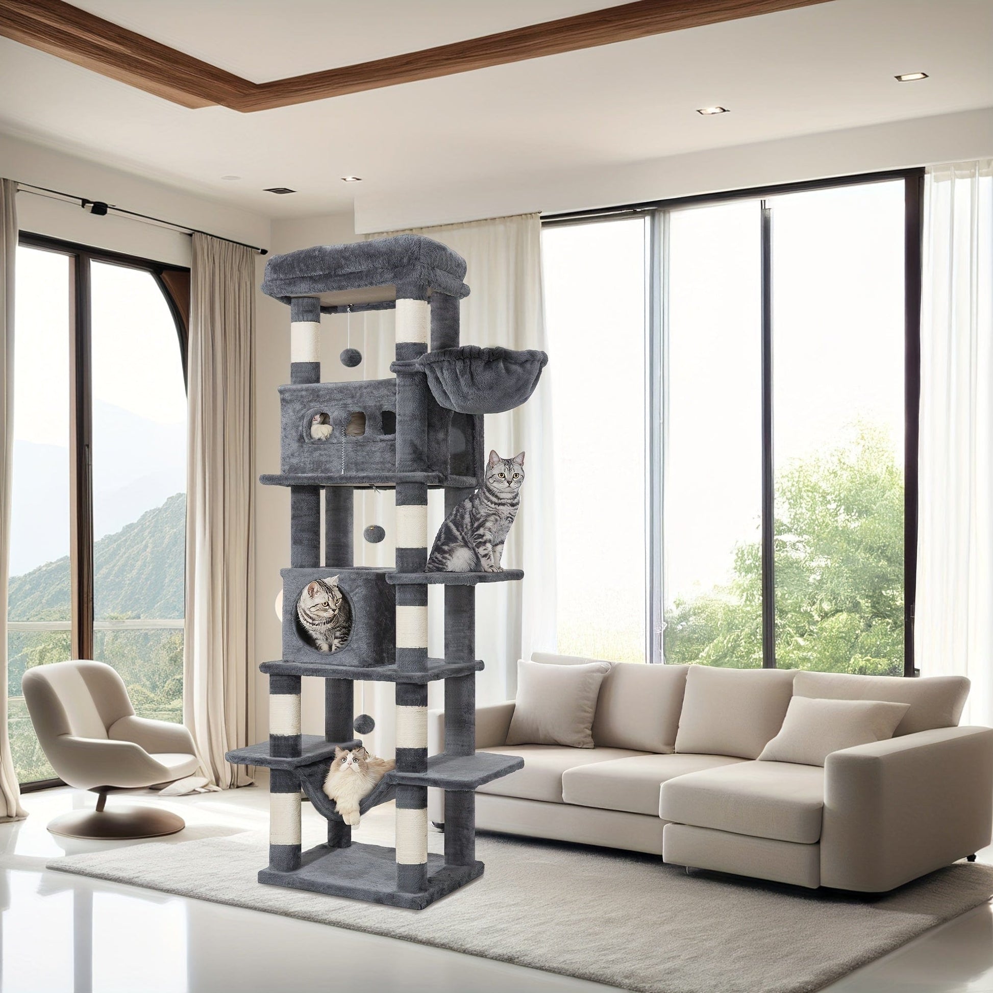 Arbre à chat XXL 193 cm – Multi - niveaux, 3 niches, hamac & griffoirs - One PETS - TOP