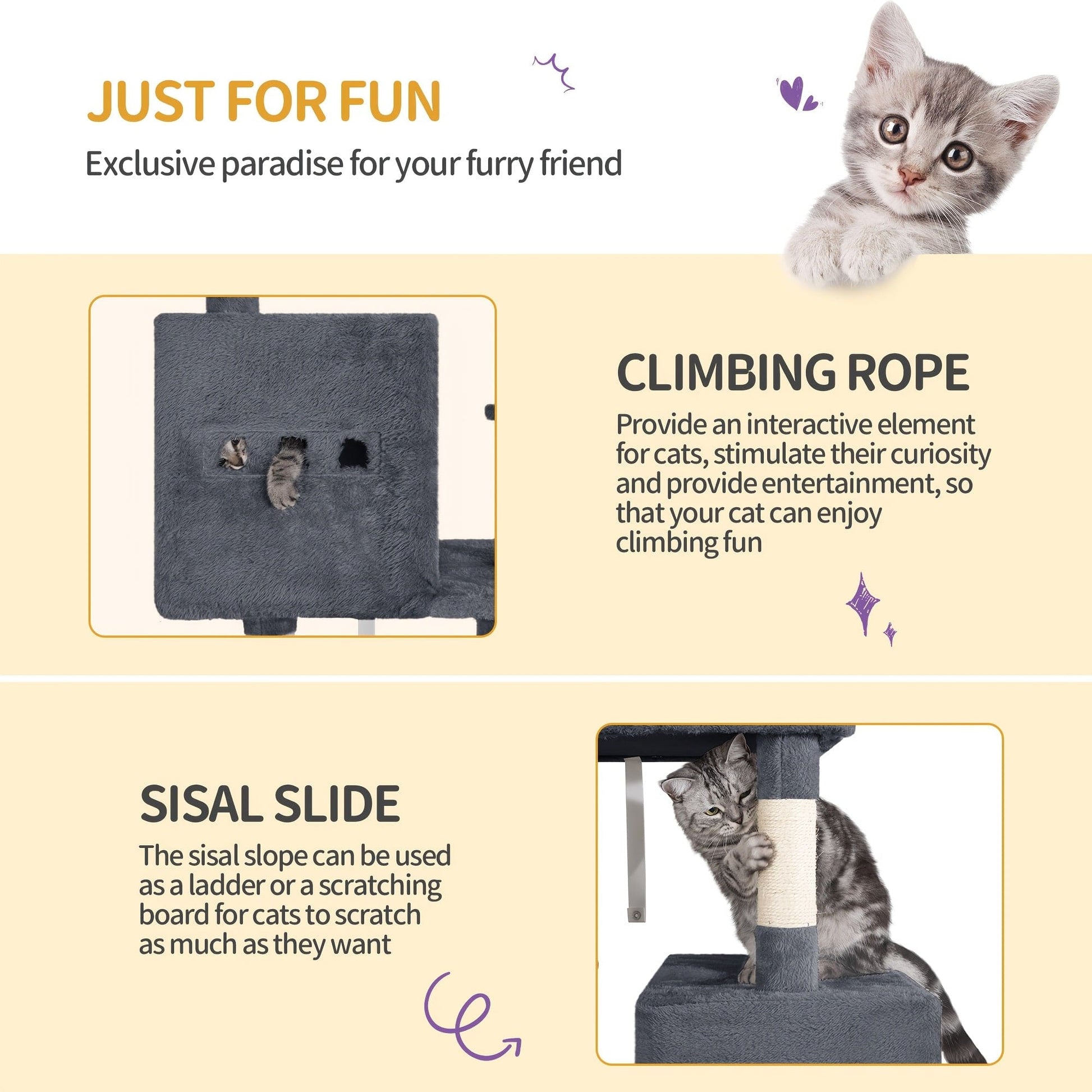 Arbre à chat XXL 193 cm – Multi - niveaux, 3 niches, hamac & griffoirs - One PETS - TOP
