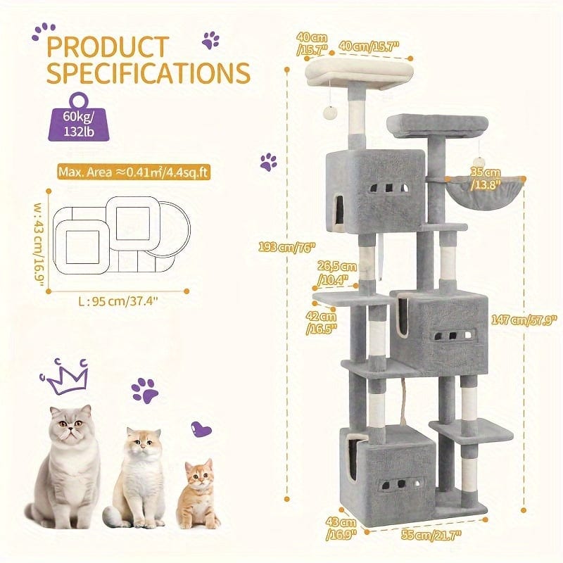 Arbre à chat XXL 193 cm – Multi - niveaux, 3 niches, hamac & griffoirs - One PETS - TOP
