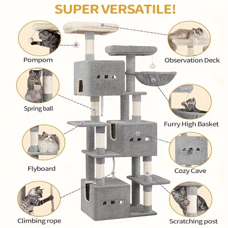 Arbre à chat XXL 193 cm – Multi - niveaux, 3 niches, hamac & griffoirs - One PETS - TOP