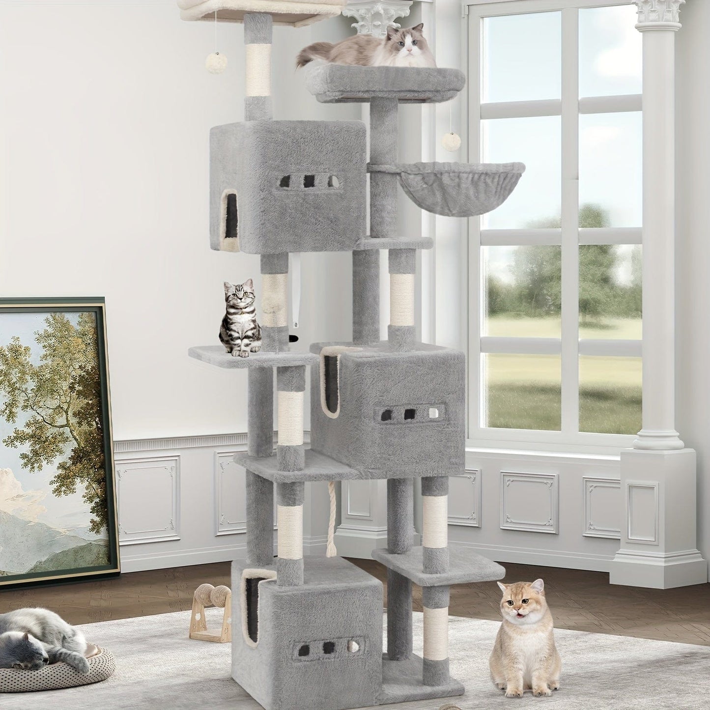 Arbre à chat XXL 193 cm – Multi - niveaux, 3 niches, hamac & griffoirs - One PETS - TOP