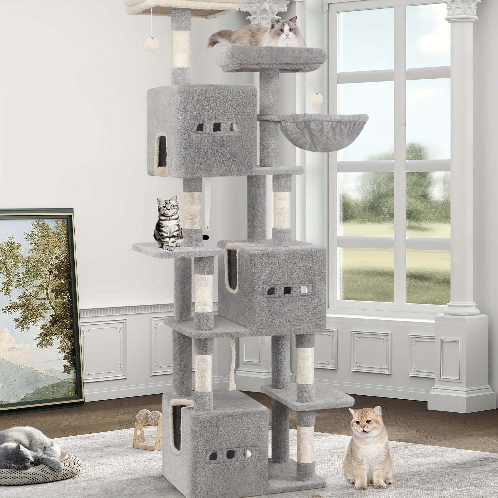 Arbre à chat XXL 193 cm – Multi - niveaux, 3 niches, hamac & griffoirs - One PETS - TOP