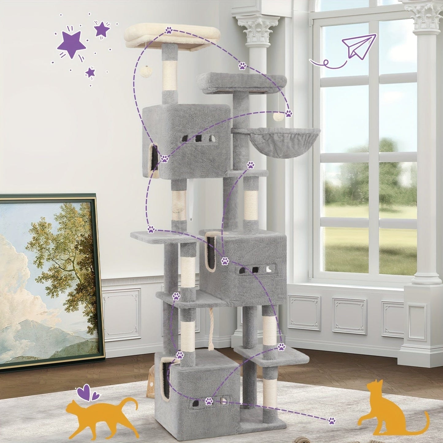 Arbre à chat XXL 193 cm – Multi - niveaux, 3 niches, hamac & griffoirs - One PETS - TOP