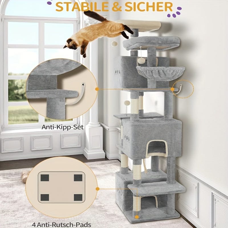 Arbre à chat XXL 193 cm – Multi - niveaux, 3 niches, hamac & griffoirs - One PETS - TOP