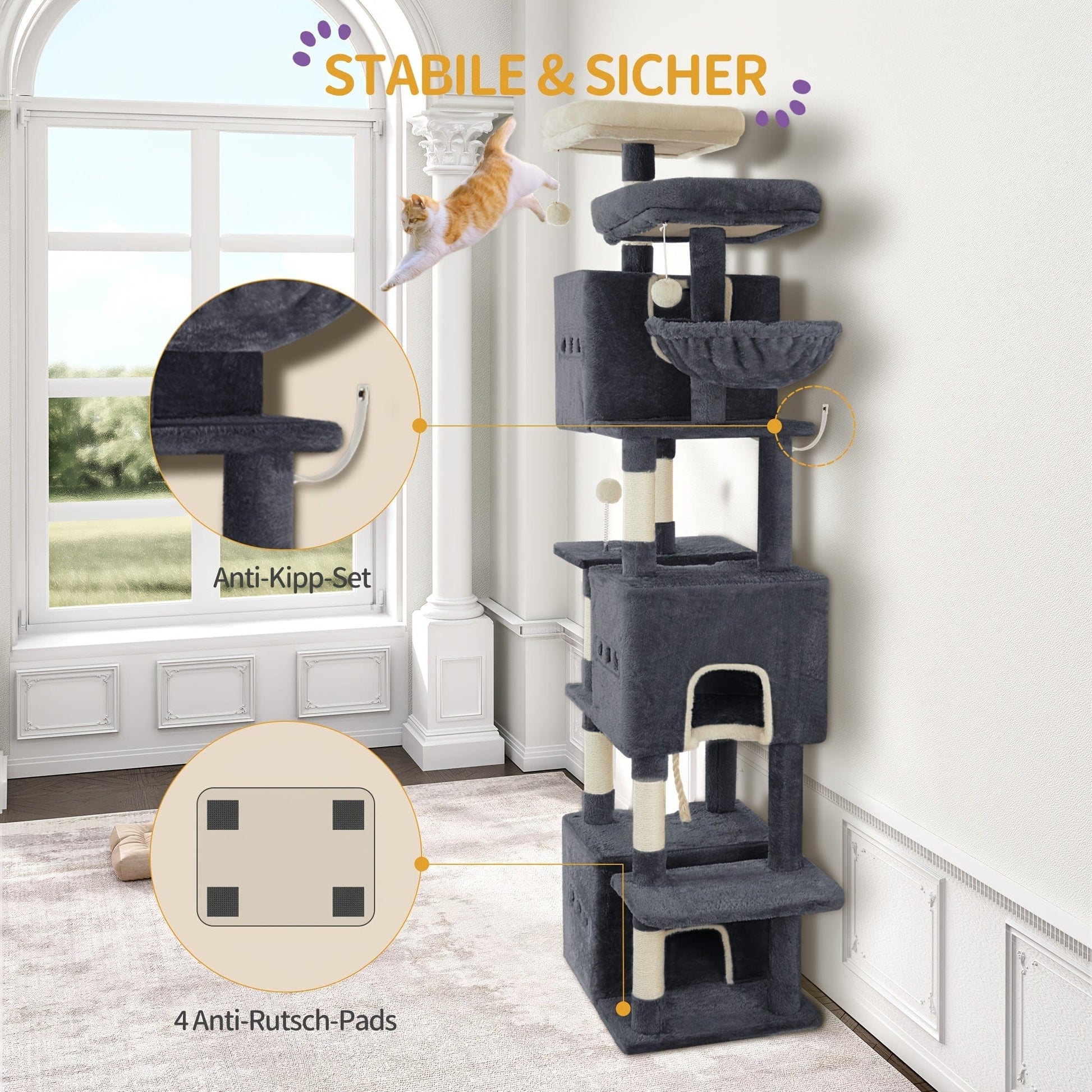 Arbre à chat XXL 193 cm – Multi-niveaux, 3 niches, hamac & griffoirs One PETS-TOP