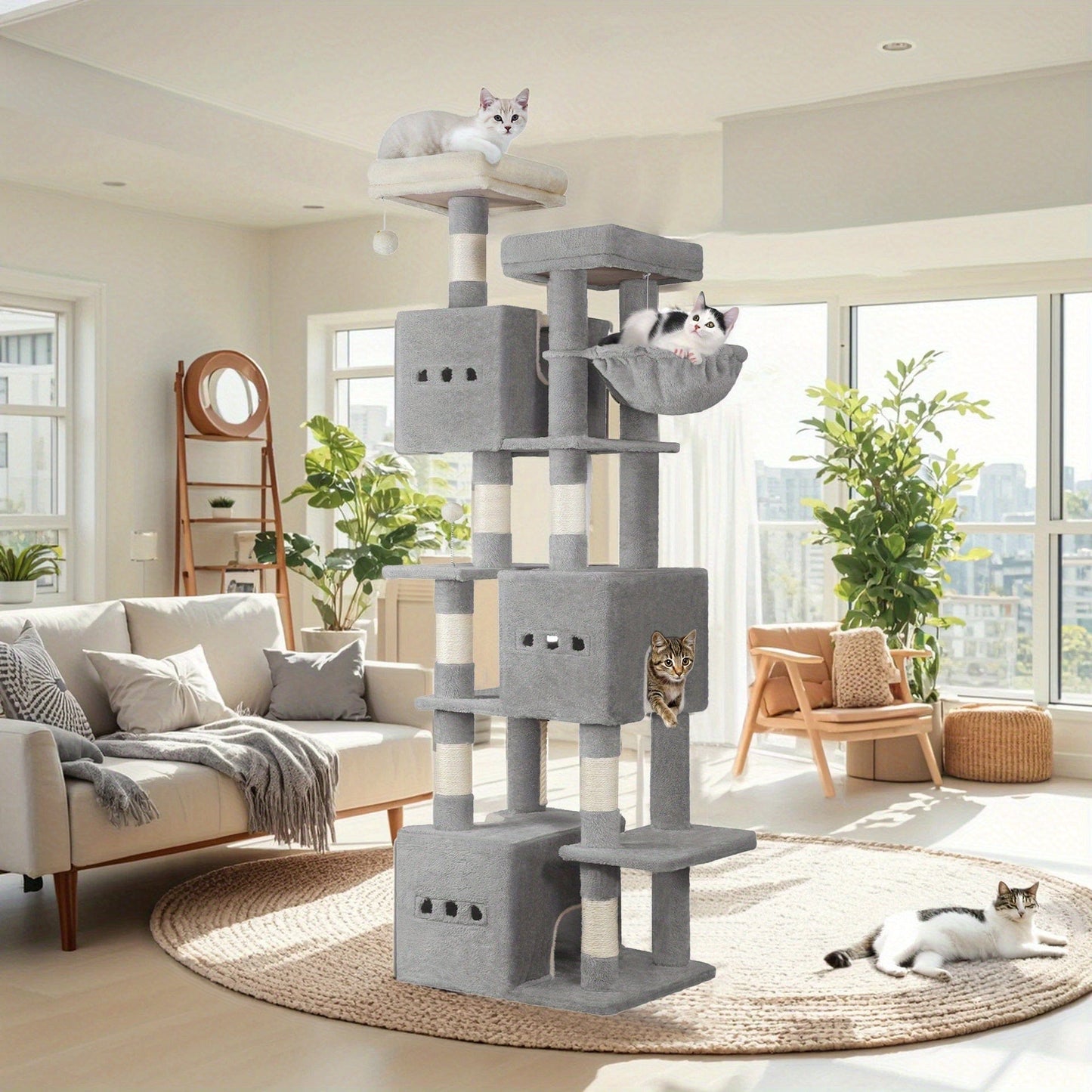 Arbre à chat XXL 193 cm – Multi-niveaux, 3 niches, hamac & griffoirs One PETS-TOP