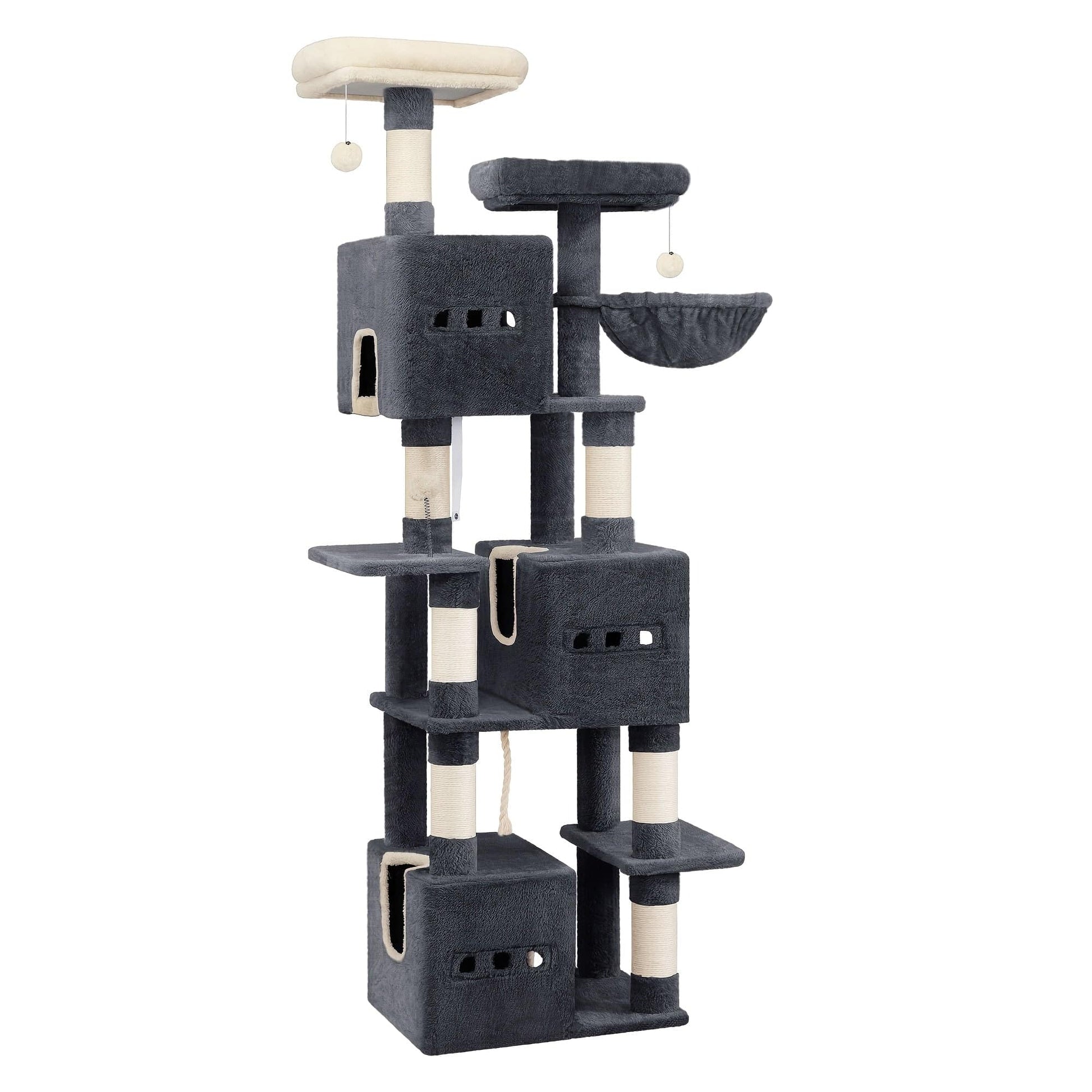 Arbre à chat XXL 193 cm – Multi-niveaux, 3 niches, hamac & griffoirs Gris Foncé One PETS-TOP