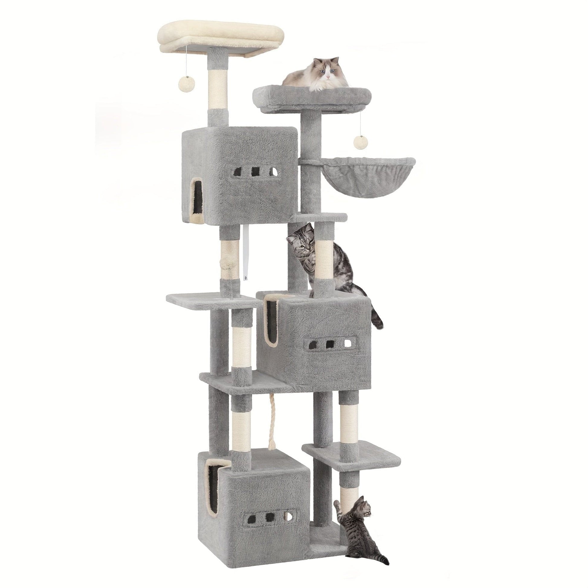 Arbre à chat XXL 193 cm – Multi-niveaux, 3 niches, hamac & griffoirs Gris Clair One PETS-TOP