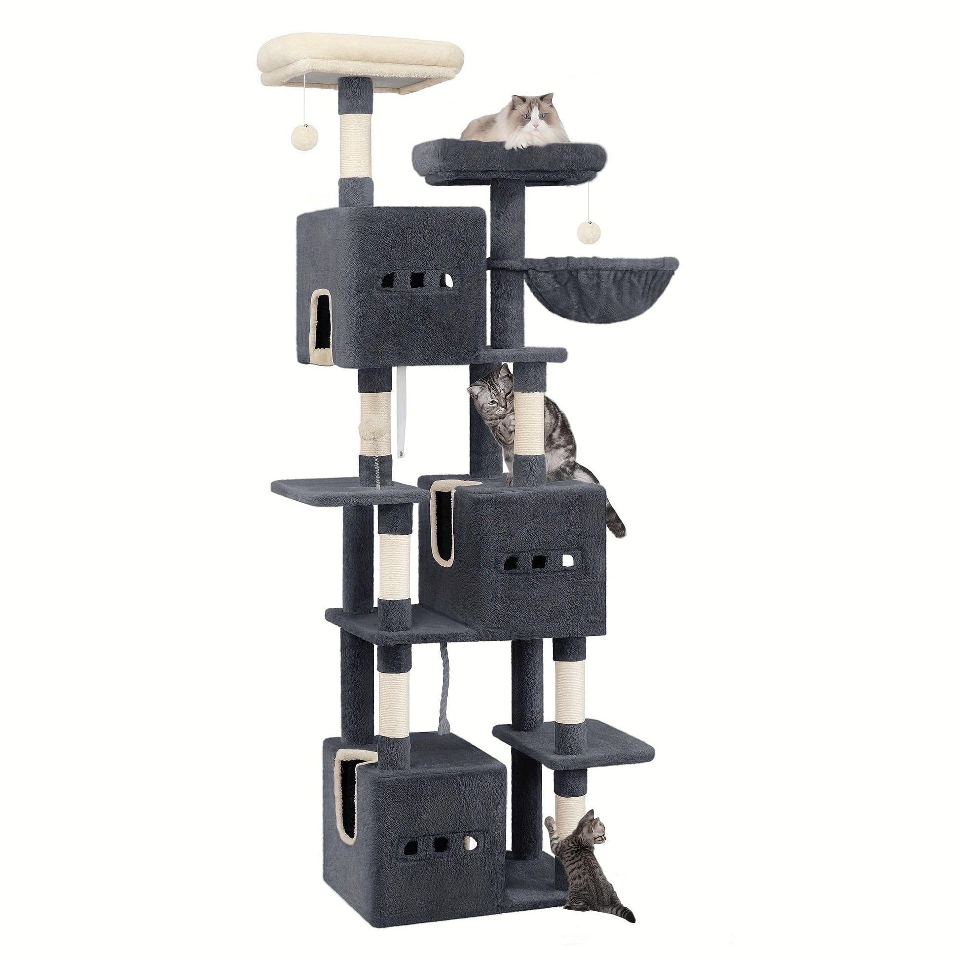 Arbre à chat XXL 193 cm – Multi-niveaux, 3 niches, hamac & griffoirs Gris Foncé One PETS-TOP