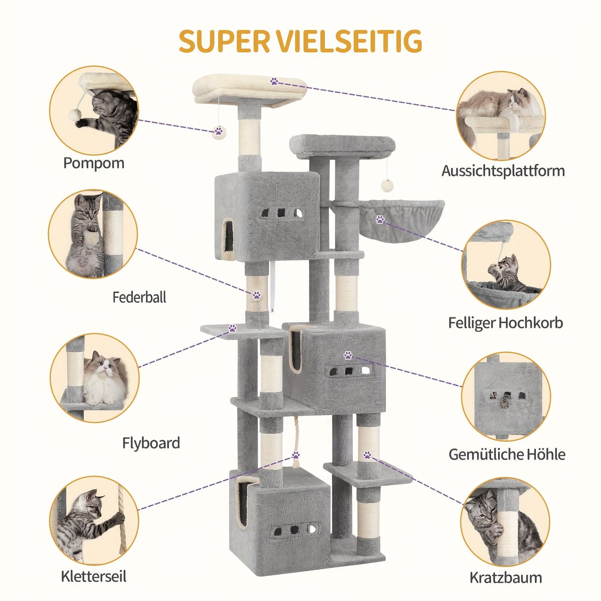 Arbre à chat XXL 193 cm – Tour géante 7 niveaux avec niches & griffoirs - One PETS - TOP