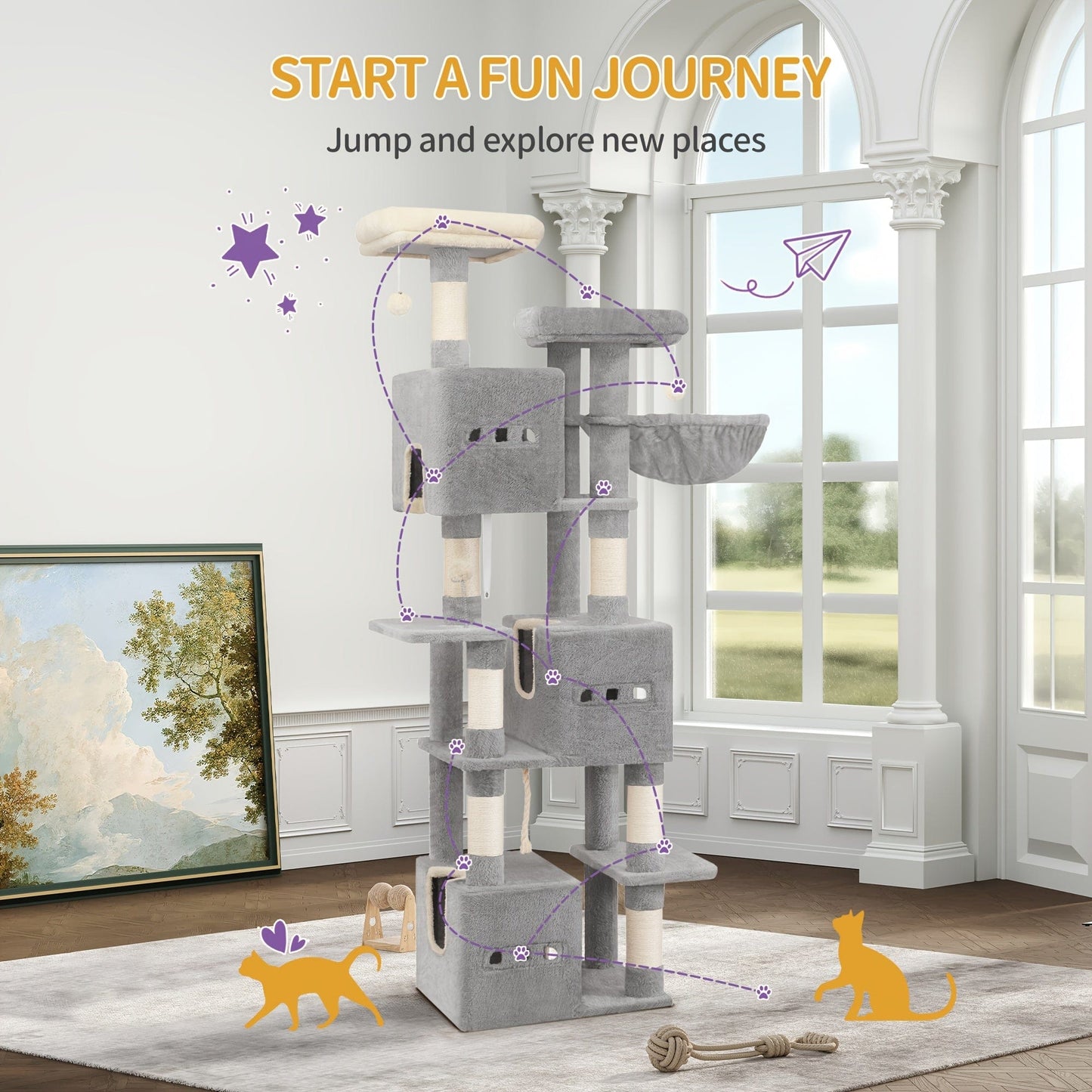 Arbre à chat XXL 193 cm – Tour géante 7 niveaux avec niches & griffoirs - One PETS - TOP
