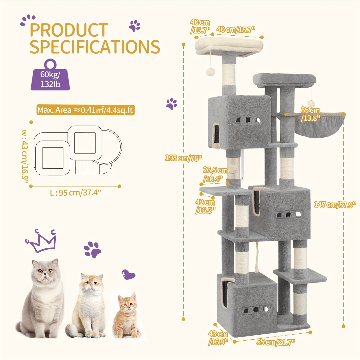 Arbre à chat XXL 193 cm – Tour géante 7 niveaux avec niches & griffoirs - One PETS - TOP