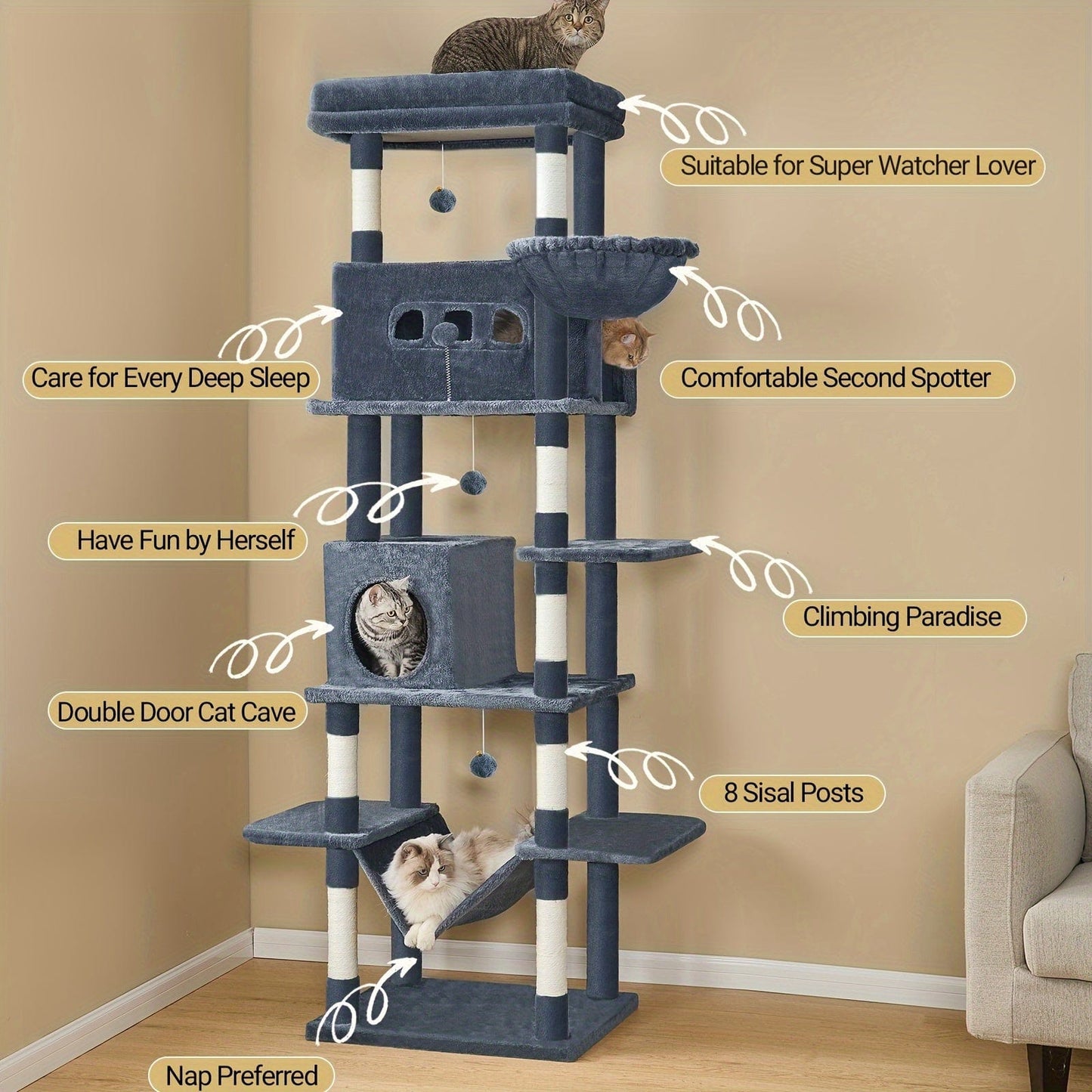 Arbre à chat XXL 210 cm – Tour multi - niveaux, 2 niches, hamac & griffoirs - One PETS - TOP